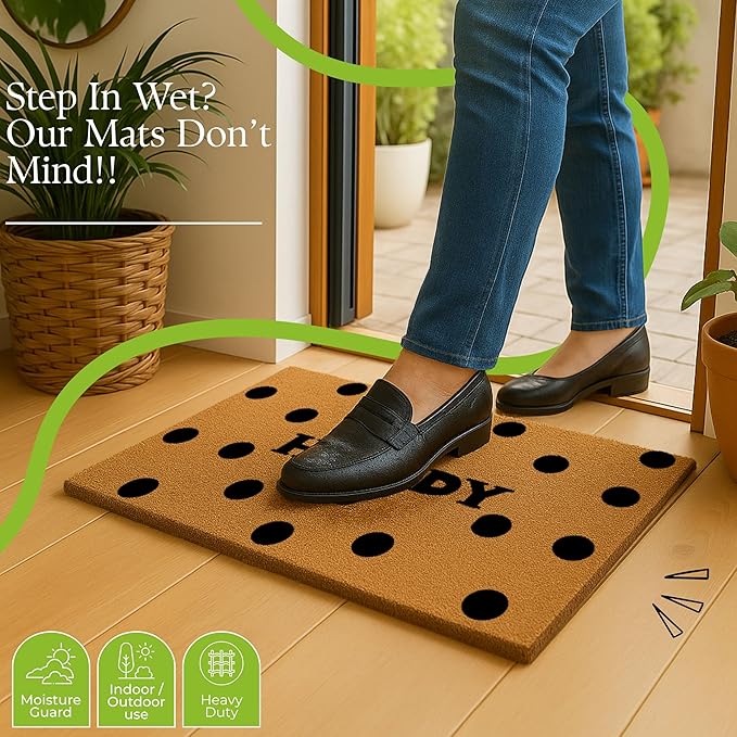 COCONIQ Coir Door Mats 17" X 30", Non-Slip Sturdy, PVC Backed Heavy Duty, Easy to Clean, Ideal for Door Entrance, Patio, Porch, Backyard, Garages, Howdy Black Circles
