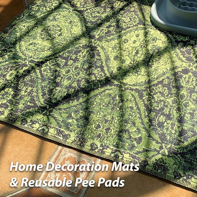 nunubaby 4PACK Washable Pee Pads for Dogs, Stylish, Non-Slip and Leak-Proof Pee Pads. Reusable Potty Pads for Dogs for Crates and Floors.(Green/Multi, 24" x48")