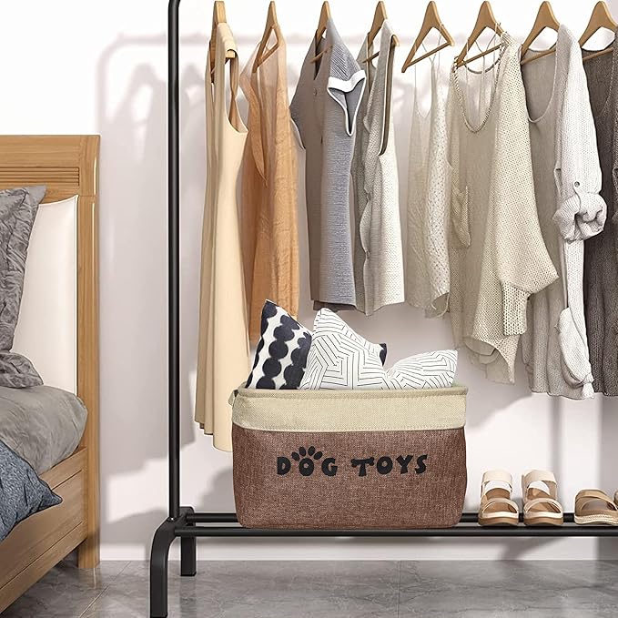 PET ARTIST Dog Toy Basket, Collapsible Dog Toy Bin Box, Large Pet Toy Storage Organizer with Comfortable Handles for Accessories, Toys, Coat & Clothing, Blanket & Leash, Brown-1, 15"x11"x9"