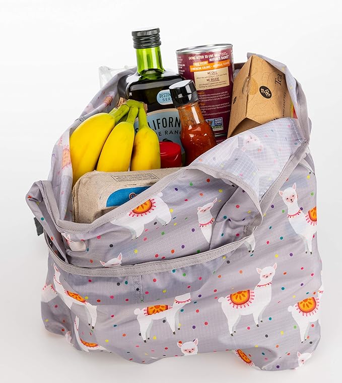 O-WITZ Reusable Grocery Bags | Vibrant Tote Bag For Groceries, Gym, Office, Beach Gear, Toys & More | Washable Design With Large Handles For Maximum Convenience | Folds Into A Small Pouch, Llama