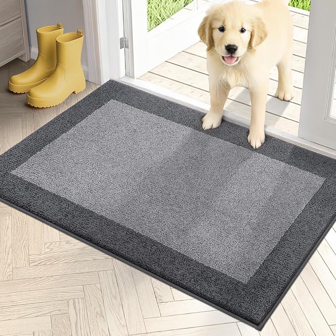 PURRUGS Dirt Trapping Door Mat 24" x 36", Non-Slip Machine Washable Entry Rug, Entrance Mat, Indoor Front Door Mat, Super Absorbent Entryway Rug for Muddy Shoes & Paws, Light Grey & Grey