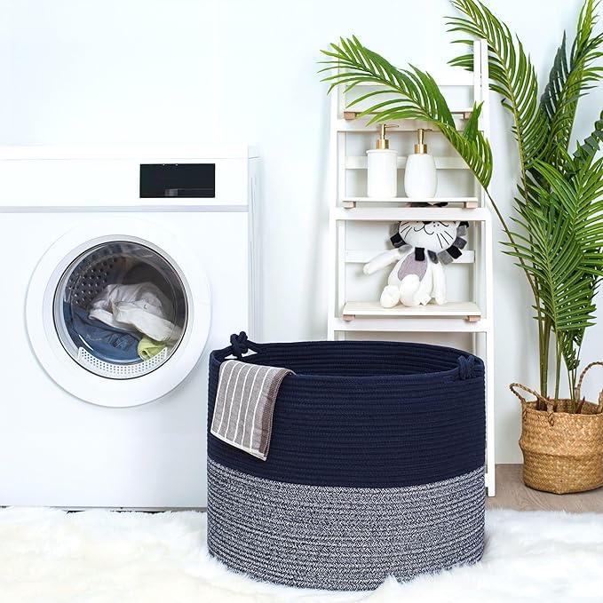 MINTWOOD Design Extra Large 22 x 16in Decorative Woven Cotton Rope Blanket Storage Basket Bin Living Room with Handles and Laundry Hamper for Pillows, Pool Towels, Dog Toys, Shoes, Navy Blue