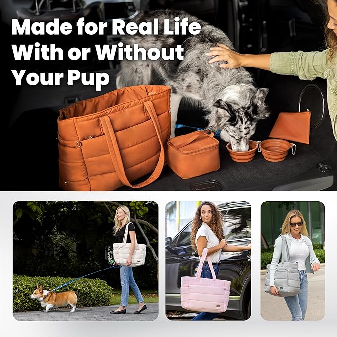 rubyloo Puffer Dog Travel Bag for Dog Moms – Doggy Diaper Bag with Pet Bowls & Food Storage or Everyday Puffy Tote – Doggy Mom Gifts for Women – Lightweight, Travel-Ready Gift for Pet Lovers - Pink