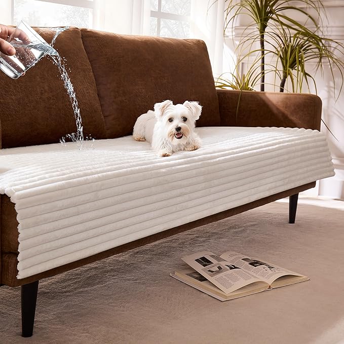 Meider Dual Non-Slip Couch Cover for Dogs Waterproof, Fuzzy Soft Pet Couch Covers for Sofa 3 Cushion, Pet Friendly Soft Dog Bed Covers Sofa Cover Washable (White, 33" x 75" 1 Pack)
