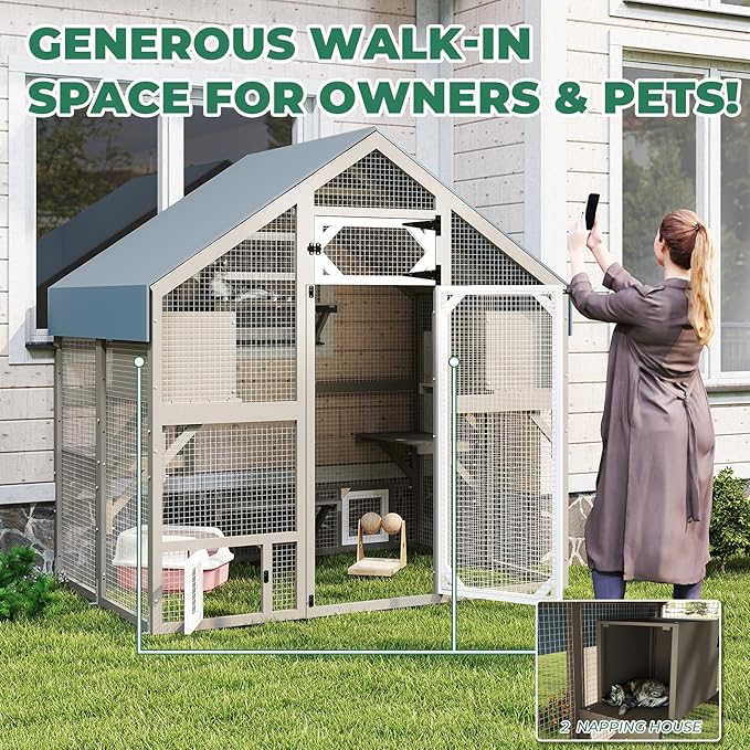 71" H Catio Outdoor Cat Enclosure Weatherproof, Large Walk-in Catio Cat Patio Attached Window for Multiple Cats, Waterproof Kitty Enclosure Outside with 2 Condos, 6 Platforms