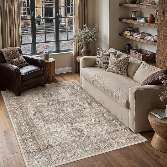 4x6 Washable Vintage Area Rug Brown Oriental Soft Entryway Throw Rug Neutral Non Slip Low Pile Small Carpet for Kitchen Bathroom Living Room Bedroom