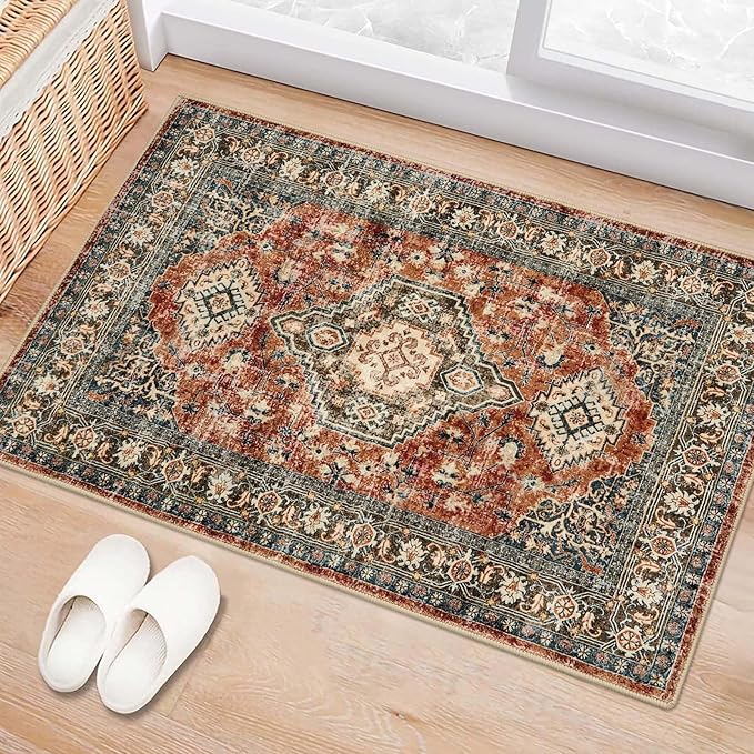 Lahome Oriental Washable Small Area Rug, 2x3 Rugs for Entryway Kitchen, Ultra-Thin Soft Indoor Door Mat Non Slip Throw Carpet for Bedroom Bathroom Eleanor, Brick Red