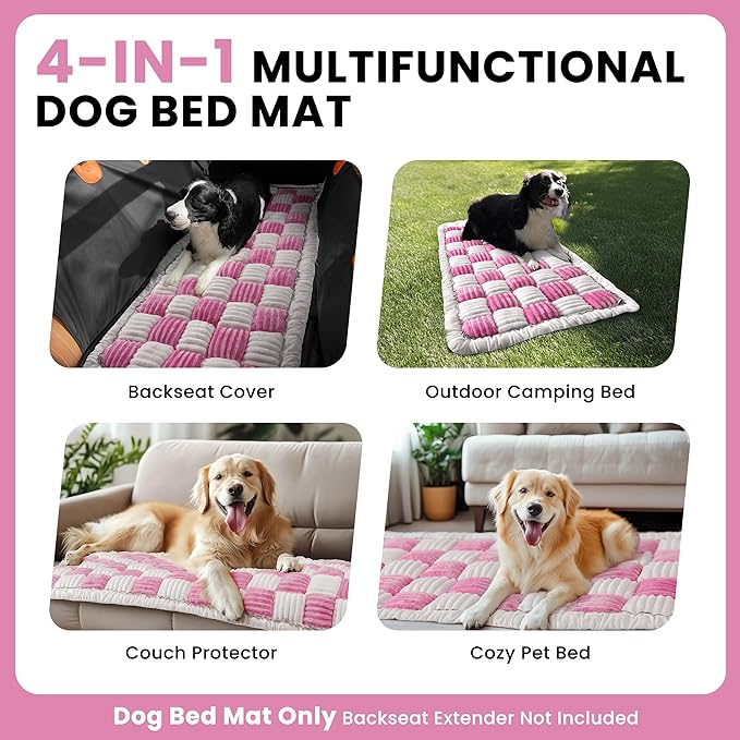 Backseat Dog Bed Mat, Non-Slip Dog Bed for Car Back Seat, Soft & Cozy Dogs Blanket, Washable Travel Pet Mat Seat Protector for Cars, SUVs, Trucks (Pink/White, 51.1" L x 23.6" W x 1.5" Th)
