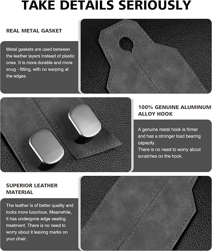 Car Hooks for Headrest, Purse Hook for Car, Car Seat Hooks Purse Hanger for Car 100% Metal & Premium Leather 2025 Latest Car Organization Accessories for Bags, Purses, Phones etc (Grey 2Pcs)