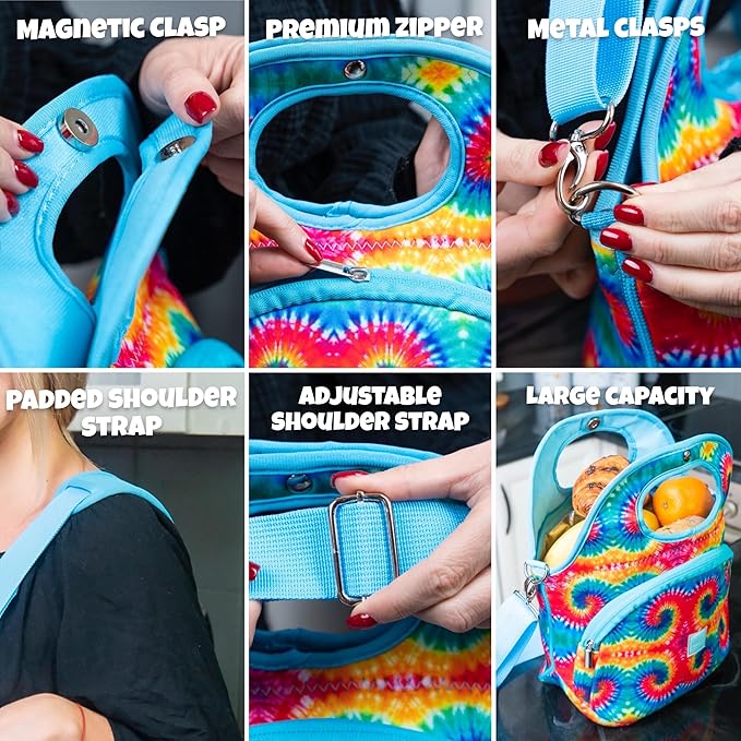 Made Easy Kit Large Insulated Lunch Tote Bag – Stylish Neoprene Carrier Foil Lining, Front Zipper Pocket & Shoulder Strap – Machine Washable, Lightweight, Travel Ready (Tie Dye)