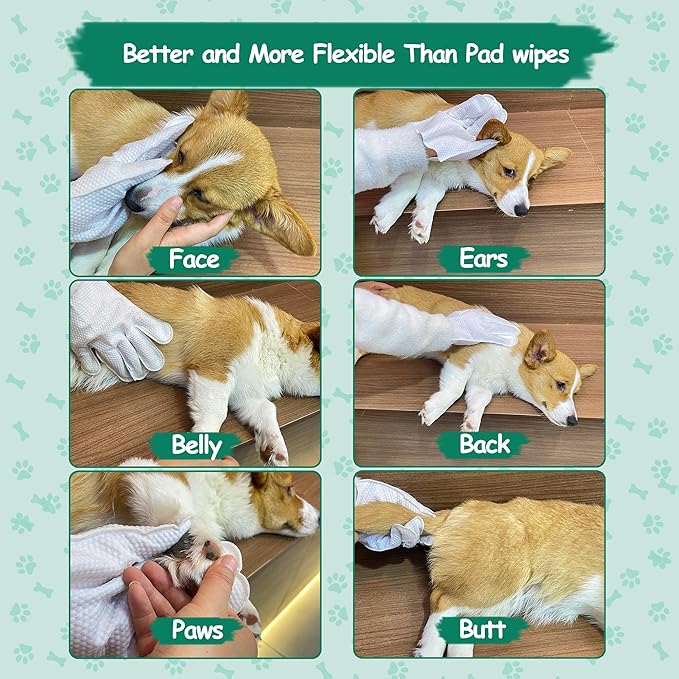 CHPPEY 10 PCS Pet Cleaning and Deodorizing Bathing Grooming Glove Wipes for Dogs and Cats, Extra Thick Nourish Fur No-Rinse Grooming Wipes for Daily Care and Travel, Hypoallergenic