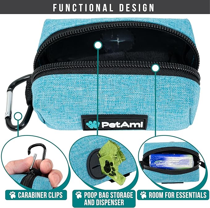 PetAmi Dog Poop Bag Holder for Leash, Dog Treat Pouch Leash, Pet Waste Bag Dispenser with Clip, Doggy Puppy Walking Accessories Supplies with 1 Dog Bag Roll (Blue, 1 Pack)