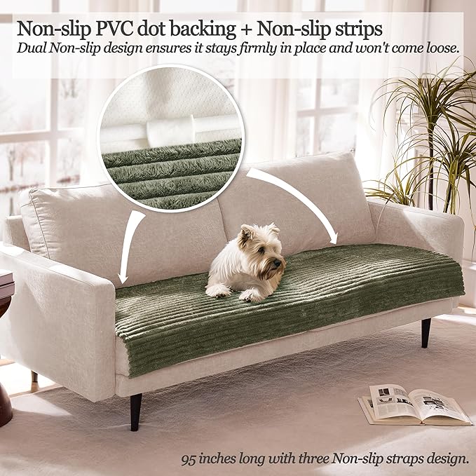 Meider Dual Non-Slip Couch Cover for Dogs Waterproof, Fuzzy Soft Pet Couch Covers for Sofa 3 Cushion, Pet Friendly Soft Dog Bed Covers Sofa Cover Washable (Sage Green, 33" x 95" 1 Pack)
