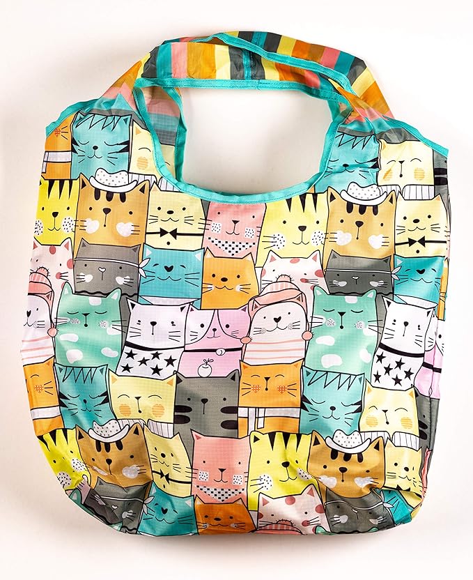 O-WITZ Reusable Grocery Bags | Vibrant Tote Bag For Groceries, Gym, Office, Beach Gear, Toys & More | Washable Design With Large Handles For Maximum Convenience | Folds Into A Small Pouch, Cat