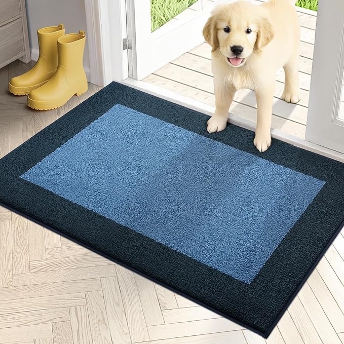 PURRUGS Dirt Trapping Door Mat 24" x 36", Non-Slip Machine Washable Entry Rug, Entrance Mat, Indoor Front Door Mat, Super Absorbent Entryway Rug for Muddy Shoes & Paws, Light Blue & Navy