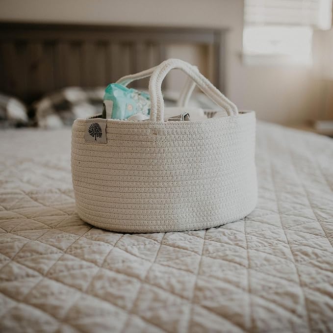Parker Baby Rope Diaper Caddy Organizer - Nursery Storage Bin and Car Organizer for Diapers and Baby Wipes - Diaper Organizer for Baby Essentials, Baby Shower Gifts - White