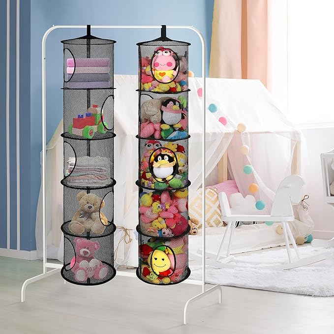 2Pcs Stuffed Animal Storage Foldable Stuffed Animal Net or Hammock Organizer, 5 Compartments Hanging Mesh Toy Storage Hammock for Kid Room Toys, Gloves, Hats, Socks, Black