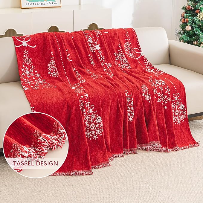 hyha Couch Cover for Dogs, Boho Sofa Covers for 3 Cushion Couch Washable, Chenille Sofa Slipcover for Pets, Soft Loveseat Sectional Couch Throw Blankets with Tassels (Red Snowflakes, 71x134 Inch)