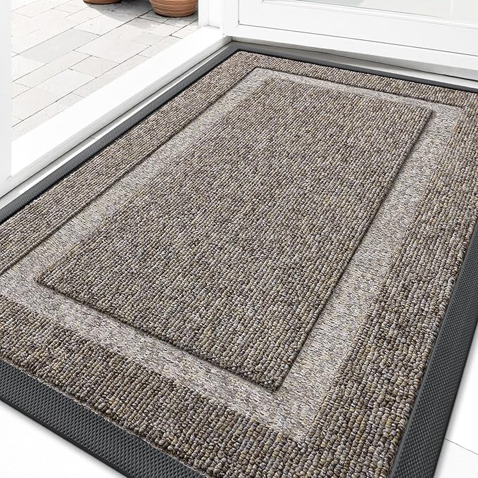 OLANLY Front Door Mat Indoor Outdoor Entrance, Waterproof All-Season, All-Weather Doormat, Sturdy Natural Rubber, Low Profile, Easy Clean Patio Porch Entryway Mat, 35x23, Khaki and White
