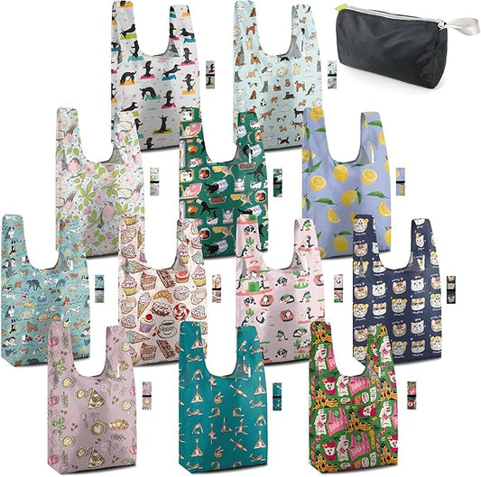 BeeGreen Animal Reusable Grocery Bags Bulk Gifts 12-Pack - Large Tote with Zipper Pouch | Foldable & Washable Polyester Shopping Bags Heavy Duty Animal Lover Gifts Reusable Bag With Handles