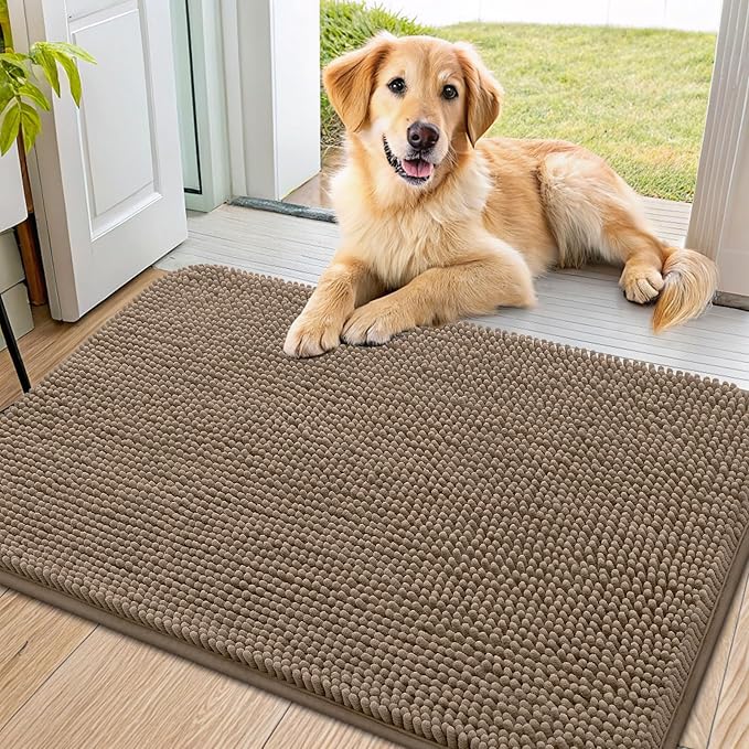 Smiry Dog Door Mat for Muddy Paws 40x24, Absorbs Moisture and Dirt Doormat, Non-Slip Washable Quick Dry Chenille Front Door Mat Indoor Entrance, Entryway Carpet for Inside Floor, Camel