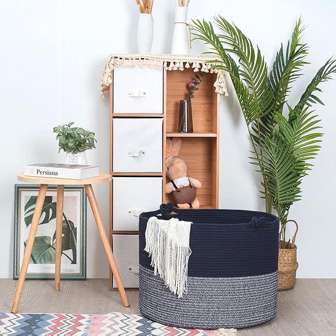MINTWOOD Design Extra Large 22 x 16in Decorative Woven Cotton Rope Blanket Storage Basket Bin Living Room with Handles and Laundry Hamper for Pillows, Pool Towels, Dog Toys, Shoes, Navy Blue