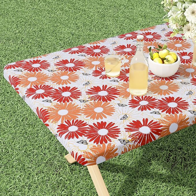 misaya Rectangle Vinyl Tablecloth, Fitted Table Cover, 100% Waterproof, Elastic Edge, Flannel Backing, Table Cloth Fit 8 Foot Folding Tables for Picnic, Outdoor (Red Daisy, 30x96 inch)