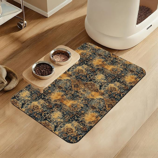 Grunge Boho Pet Feeding Mat for Floors–Absorbent Quick Dry Dog Cat Bowl Mat for Food and Water, Non Slip Waterproof Base, Mess-Free Feeding Accessories 12"x20"