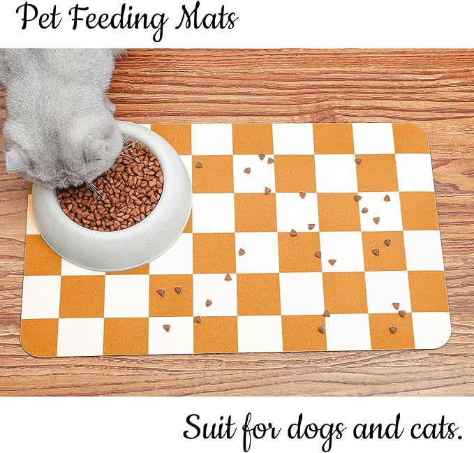 Ralxion Checkered Dog Feeding Mat, Absorbent Mats for Dog Food and Water Bowl, Dispenser, Aesthetic Purple Checkerboard Pet Placemat for Dogs, Cats, Puppy Accessories (Orange, 16 x 24)