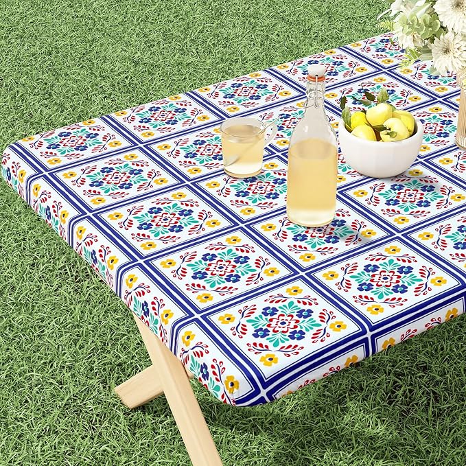 misaya Rectangle Vinyl Tablecloth, Fitted Table Cover, 100% Waterproof, Elastic Edge, Flannel Backing, Table Cloth Fit 6 Foot Folding Tables for Picnic, Outdoor (Geometric Flower, 30x72 inch)