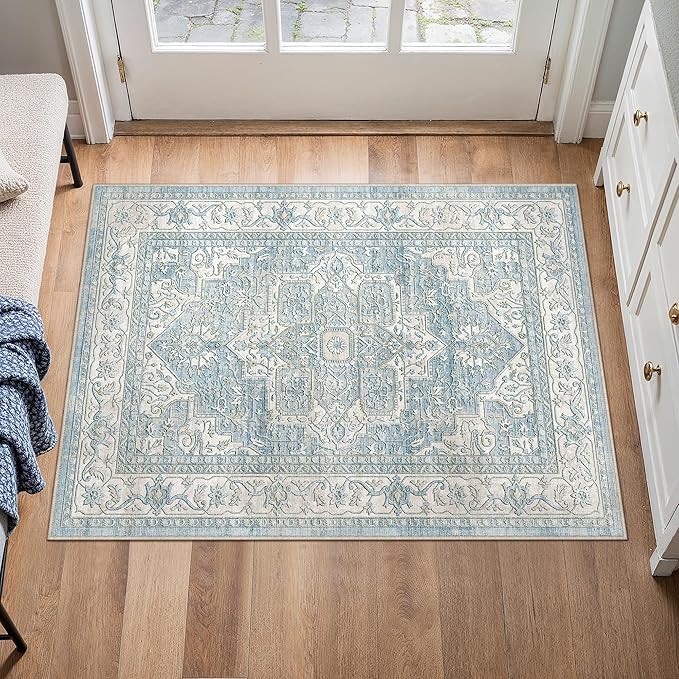 2x3 Washable Vintage Area Rug Blue Oriental Soft Entryway Throw Rug Neutral Non Slip Low Pile Small Carpet for Kitchen Bathroom Living Room Bedroom