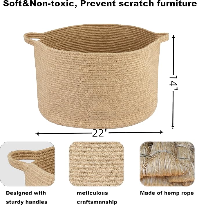 XUANGUO Extra Large Jute Rope Storage Basket Blankets Basket Living Room 22"x12" Toy Baskets for Kids and Dogs Woven Laundry Baskets for Clothes Towels Baby Toy Storage