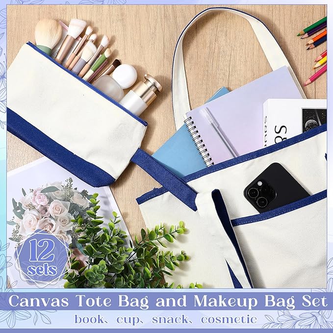 Sanwuta Canvas Tote Bags Bulk with Outer Pocket and Makeup Pouch 18'' Reusable Grocery Bags with Handles for Women Beach DIY