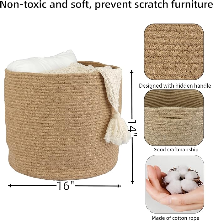 XUANGUO Jute Rope Basket For Girls Boys Kids 16”X14” Baby Laundry Baskets Nursery Bin Round Woven Basket Organizer For Storage Toys Blankets Shoes Clothes