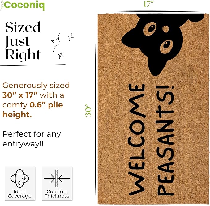 COCONIQ Coir Door Mats 17" X 30", Non-Slip Sturdy, PVC Backed Heavy Duty, Easy to Clean, Ideal for Door Entrance, Patio, Porch, Backyard, Garages, Sneaky Welcome Peasants