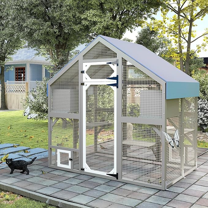 71" H Catio Outdoor Cat Enclosure Weatherproof, Large Walk-in Catio Cat Patio Attached Window for Multiple Cats, Waterproof Kitty Enclosure Outside with 2 Condos, 6 Platforms