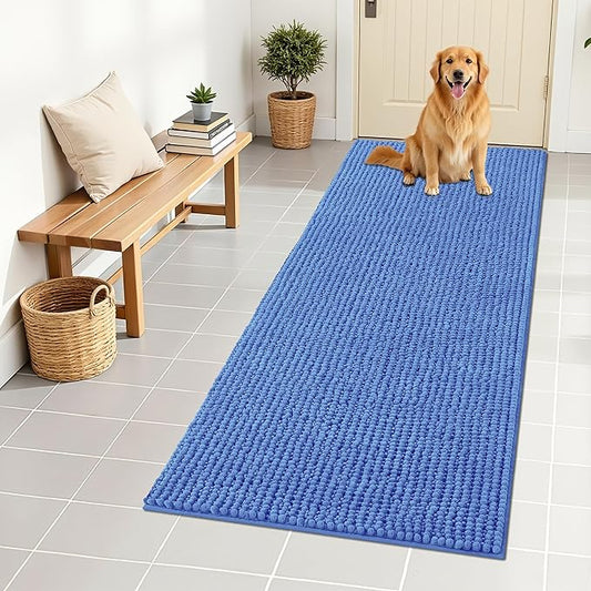 OLANLY Dog Door Mat for Muddy Paws 59x24, Ultra Absorbent Chenille Mud Doormat, Non-Slip Washable and Dirt Trapping Doormat for Indoor Entryway, Quick-Dry Indoor Pet Bed Mats for Dogs, Cornflower Blue
