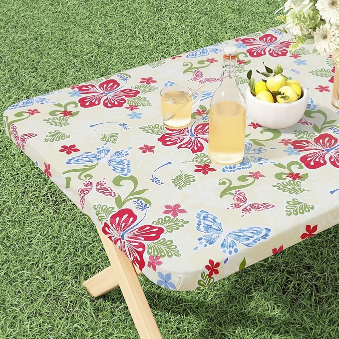 misaya Rectangle Vinyl Tablecloth, Fitted Table Cover, 100% Waterproof, Elastic Edge, Plastic Table Cloth Fit 5 Foot Folding Tables for Picnic, Camping, Outdoor (Butterfly, 30x60 inch)