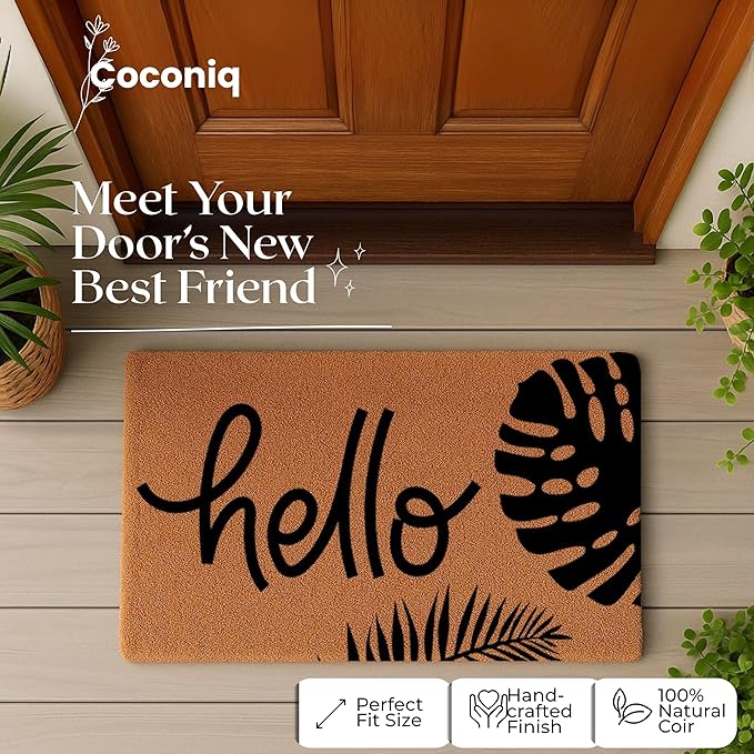 COCONIQ Coir Door Mats 17" X 30", Non-Slip Sturdy, PVC Backed Heavy Duty, Easy to Clean, Ideal for Door Entrance, Patio, Porch, Backyard, Garages, Hello - Black Leaves