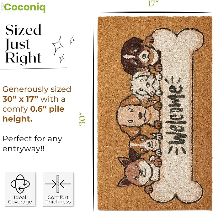 COCONIQ Coir Door Mats 17" X 30", Non-Slip Sturdy, PVC Backed Heavy Duty, Easy to Clean, Ideal for Door Entrance, Patio, Porch, Backyard, Garages, 5 Welcoming Puppies