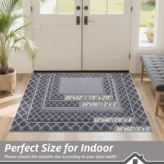 BEQHAUSE Door Mat Dirt Trapper Non Slip Entryway Rugs Absorbent Welcome Mat Low Profile Washable Front Door Mat for Muddy Paws,Entrance,Hallway, 20" x 32", Grey