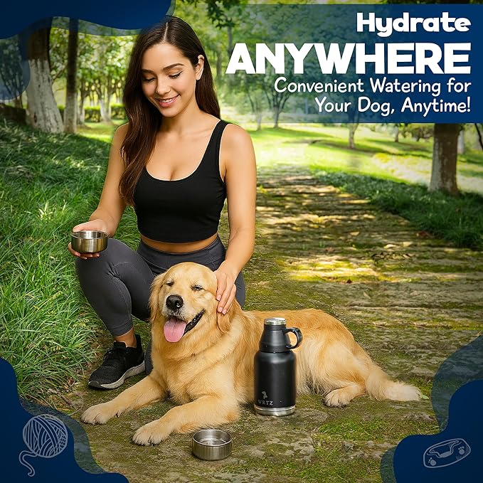 Stainless Steel Insulated Water Bottle with 2 Removable Water Bowls for Dogs – Leak-Proof Eco-Friendly Portable Dog Water Bottle - Travel Accessories for Dogs - 32oz - Black
