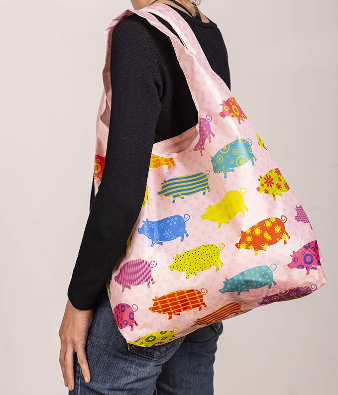 O-WITZ Reusable Grocery Bags | Vibrant Tote Bag For Groceries, Gym, Office, Beach Gear, Toys & More | Washable Design With Large Handles For Maximum Convenience | Folds Into A Small Pouch, Pig