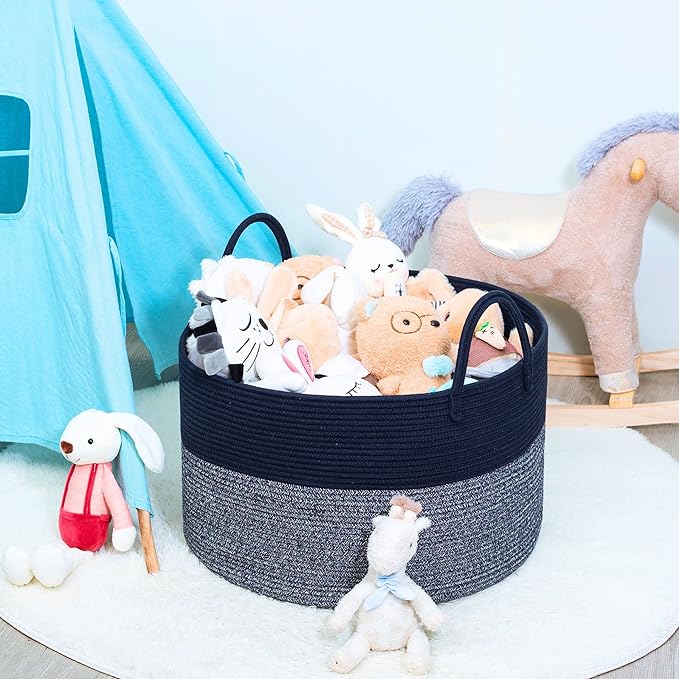 MINTWOOD Design Extra Large 22 x 14in Decorative Woven Cotton Rope Blanket Storage Basket Bin Living Room with Long Handles, Laundry Hamper for Pillows, Pool Towels, Dog Toys, Shoes, Navy Blue