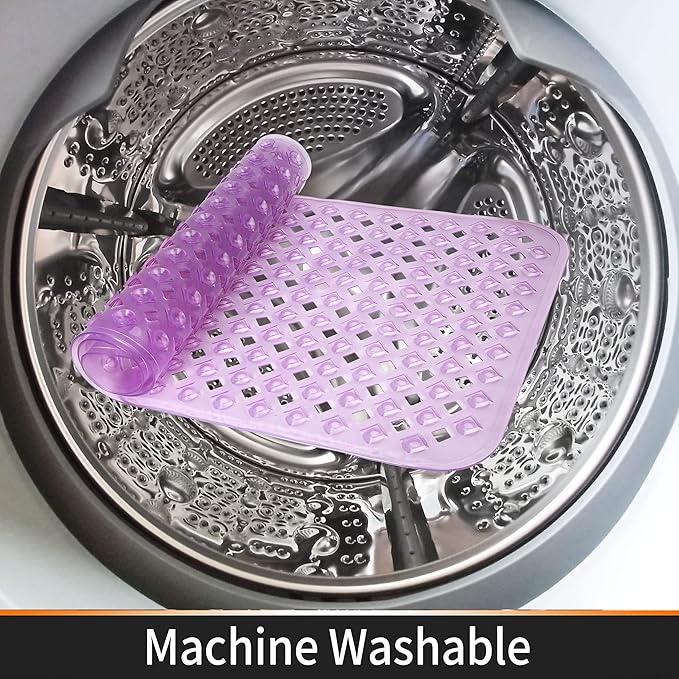 Yimobra Non Slip Bath Mat, Super Strong Suction Cups,34.5"x15.5"Long Tub Mat with Drain Holes, Machine Washable Fast Draining Shower Mats, Bathroom Essentials,Clear Purple