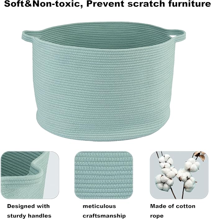 XUANGUO Extra Large Cotton Rope Basket – 22"x14" Woven Storage Basket for Blankets, Toys, Laundry, and Nursery – Round Baskets for Living Room, Kids, and Pets Light Green