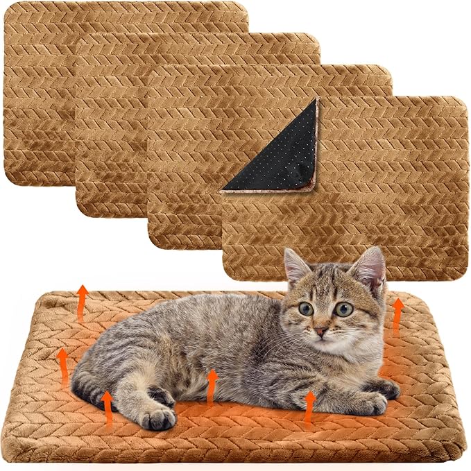 Drydiet 4 Pack Self Heating Cat Pad 16 x 20 Inch Self Warming Cat Bed Non Slip Warm Dog Pad Mat Washable Pet Kennel Crate Bed Mat for Indoor Outdoor Pets(Camel,16 x 20 Inch)