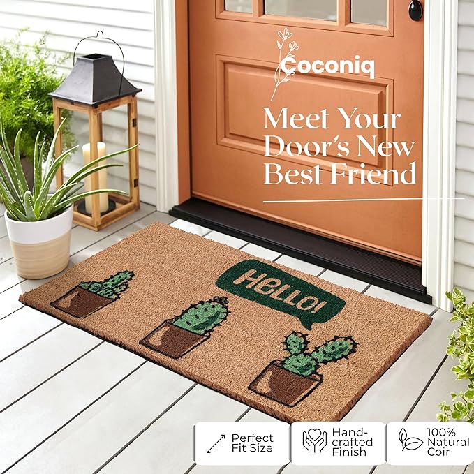 COCONIQ Coir Door Mats 17" X 30", Non-Slip Sturdy, PVC Backed Heavy Duty, Easy to Clean, Ideal for Door Entrance, Patio, Porch, Backyard, Garages, Hello Cactus