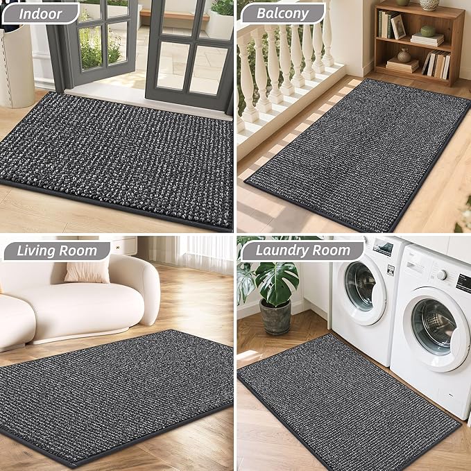 BEQHAUSE Dirt Trapper Door Mat 17" x 30", Non-Slip Doormats (Rolled-Up NO Creases) Washable Entryway Rugs, Dirt Resist and Absorbent Welcome Mat, Low Profile Floor Mats for Front Back Door, Charcoal