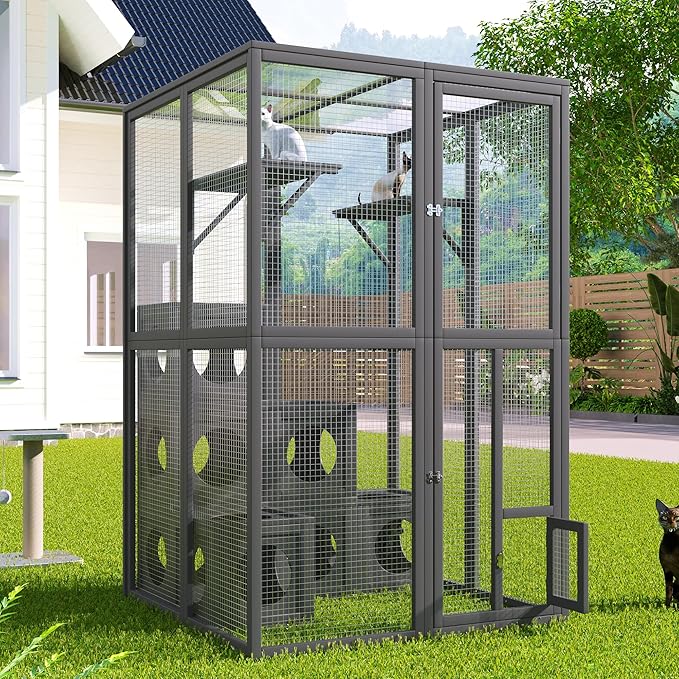 LOVMOR Outdoor Catio with Double Enter Doors, Grey Climbing Shelves, Weatherproof Pine Wood Playground with 7 Freely Combination Wood Boxes
